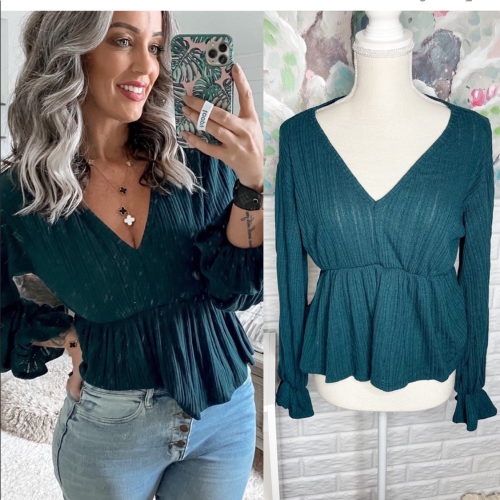 Pink Lily Marine V Neck Peplum Knit Blouse